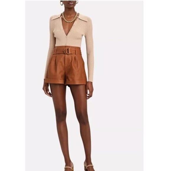 FRAME Pants - Frame Lambs Leather Pleated Front Belted Paperbag Shorts In Camel Size 28